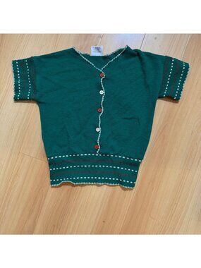 Vintage Aileen Girl Green Short-Sleeve Button-Up Knit Sweater M (10/12) With Red
